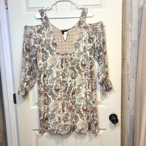 Signature Studio Tunic Top Paisley Cold Shoulder Crochet Lace Multi Color Size L